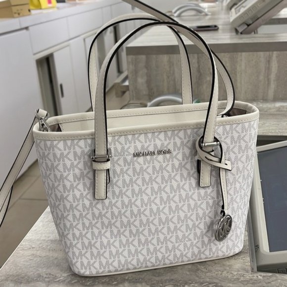 Michael Kors Jet Set Travel Extra-Small Logo Top-Zip Tote Bag Optic White Multi - Picture 7 of 16
